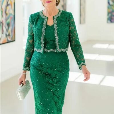 Green sheath tea-length mother of bride /groom dresses evening formal gown with jacket