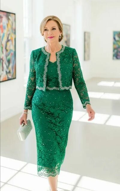 Green Sheath Tea-length Mother Of Bride /Groom Dresses Evening Formal Gown with Jacket