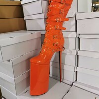Round Toe Stiletto Heels Ankle Highs Lace Up Side Zipper Buckle Straps Booties - Orange Patent by Sexy Shoes - Thumbnail 2