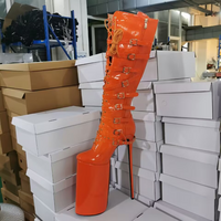 Round Toe Stiletto Heels Ankle Highs Lace Up Side Zipper Buckle Straps Booties - Orange Patent by Sexy Shoes - Thumbnail 3