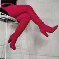 Suede Ruched Chunky Heel Thigh High Sexy Rihanna Belted Suspender Boots - Thumbnail 2