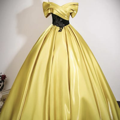Yellow satin lace long a-line prom party dress - Thumbnail 1