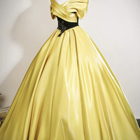 Yellow Satin Lace Long A-Line Prom Party Dress - Thumbnail 1