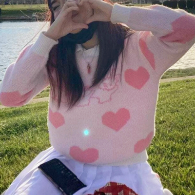 Sweet bunny rabbit heart pastel pink pullover knit sweater