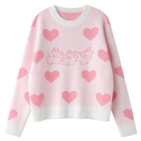 Sweet Bunny Rabbit Heart Pastel Pink Pullover Knit Sweater - Thumbnail 1