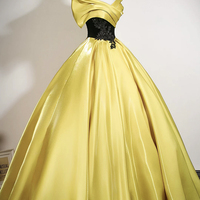 Yellow Satin Lace Long A-Line Prom Party Dress - Thumbnail 2