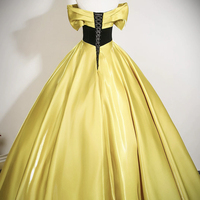 Yellow Satin Lace Long A-Line Prom Party Dress - Thumbnail 3