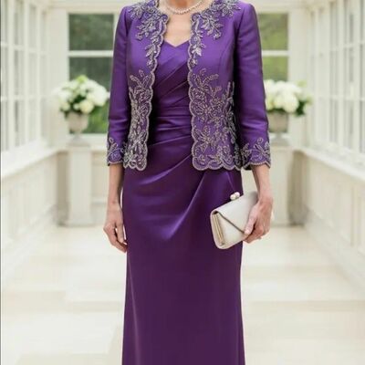 Plus size purple chiffon with lace jacket mother of bride /groom dresses evening formal gown 