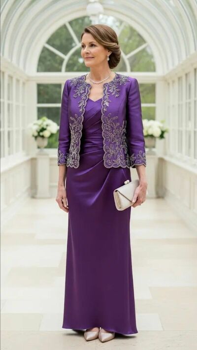 Plus Size Purple Chiffon with Lace Jacket Mother Of Bride /Groom Dresses Evening Formal Gown 