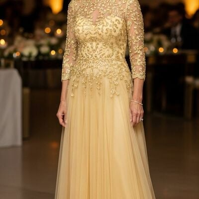 Yellow a line tulle lace mother of bride /groom dresses evening formal gown