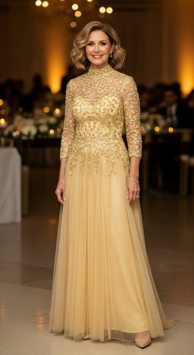 Yellow A Line Tulle Lace Mother Of Bride /Groom Dresses Evening Formal Gown