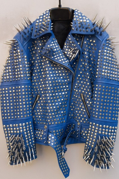 Crafted Leather Women Classy Blue Gothic Emo Style Leather Studded Jacket with Silver Studs and Spikes
