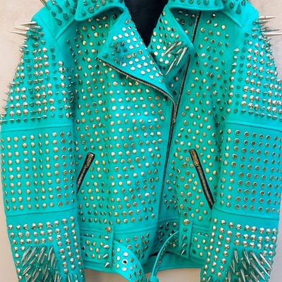 Crafted leather women classy cyan gothic emo style leather studded jacket with silver studs and spikes - Thumbnail 1