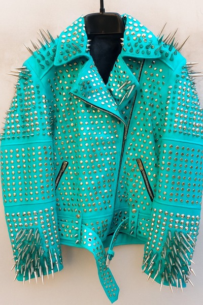 Crafted Leather Women Classy Cyan Gothic Emo Style Leather Studded Jacket with Silver Studs and Spikes