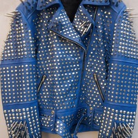 Crafted Leather Women Classy Blue Gothic Emo Style Leather Studded Jacket with Silver Studs and Spikes - Thumbnail 1