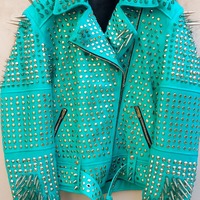 Crafted Leather Women Classy Cyan Gothic Emo Style Leather Studded Jacket with Silver Studs and Spikes - Thumbnail 1