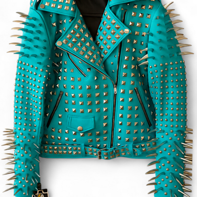 Crafted leather new handmade women's punk full long spiked studded brando cyan color adorable leather jacket