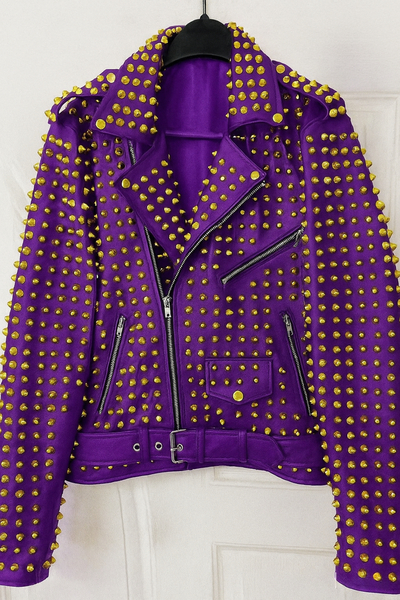 Crafted Leather Women Purple Studded Punk Rock Gothic Jacket 