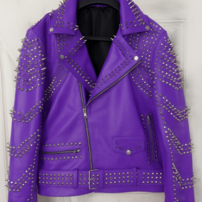 Crafted leather women purple silver studded punk rock gothic jacket 