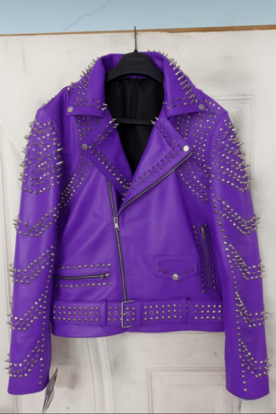Crafted Leather Women Purple Silver Studded Punk Rock Gothic Jacket 