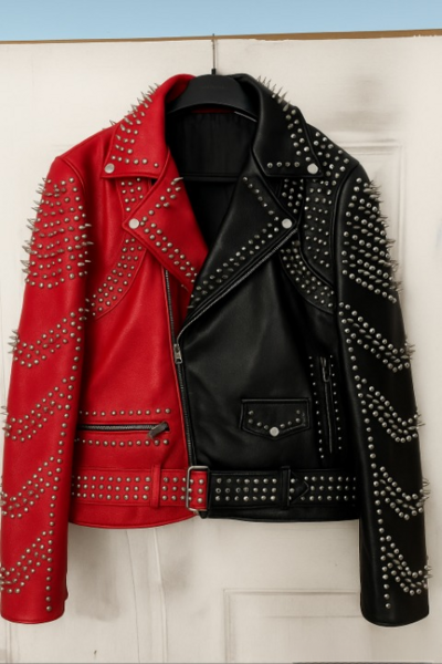 Crafted Leather New Women Punk Black Red Silver Studded Brando Biker Leather Jacket