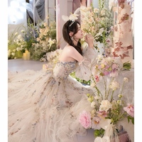 Exquisite 3D Flower Embroidery Wedding Dress, Strapless Silky Tulle Pleated Bridal Gowns, Sweep Train Wedding Dress - Thumbnail 1