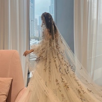 Exquisite 3D Flower Embroidery Wedding Dress, Strapless Silky Tulle Pleated Bridal Gowns, Sweep Train Wedding Dress - Thumbnail 3