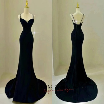 Tight fitted simple velvet black beaded spaghetti evening dress with open back