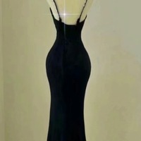 Tight Fitted Simple Velvet Black Beaded Spaghetti Evening Dress With Open Back - Thumbnail 1