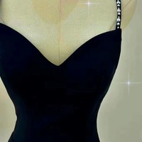 Tight Fitted Simple Velvet Black Beaded Spaghetti Evening Dress With Open Back - Thumbnail 2