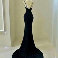 Tight Fitted Simple Velvet Black Beaded Spaghetti Evening Dress With Open Back - Thumbnail 3
