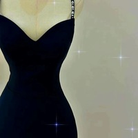 Tight Fitted Simple Velvet Black Beaded Spaghetti Evening Dress With Open Back - Thumbnail 4