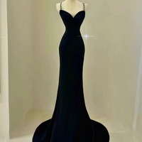 Tight Fitted Simple Velvet Black Beaded Spaghetti Evening Dress With Open Back - Thumbnail 5