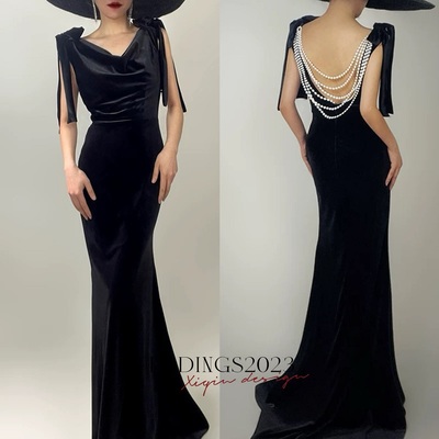 Black mermaid eembellished velvet open-back maxi dress,floor length black prom dress