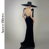 Black Mermaid Eembellished Velvet Open-back Maxi Dress,Floor Length Black Prom Dress - Thumbnail 2