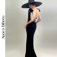Black Mermaid Eembellished Velvet Open-back Maxi Dress,Floor Length Black Prom Dress - Thumbnail 3