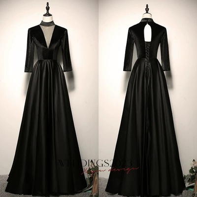 Black prom dresses a-line / princess high neck 3/4 sleeve backless floor-length / long prom formal dresses