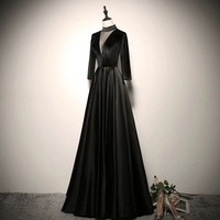 Black Prom Dresses A-Line / Princess High Neck 3/4 Sleeve Backless Floor-Length / Long Prom Formal Dresses - Thumbnail 4