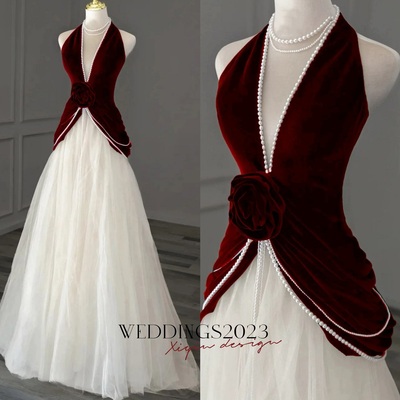 Elegant A-Line Tulle Velvet Long Evening Dress Burgundy/Ivory V-neck Wedding Guest Dress