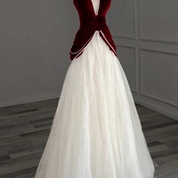 Elegant A-Line Tulle Velvet Long Evening Dress Burgundy/Ivory V-neck Wedding Guest Dress - Thumbnail 1