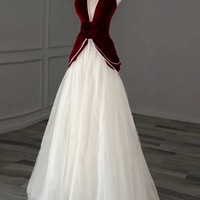 Elegant A-Line Tulle Velvet Long Evening Dress Burgundy/Ivory V-neck Wedding Guest Dress - Thumbnail 5