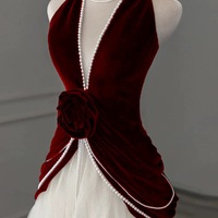 Elegant A-Line Tulle Velvet Long Evening Dress Burgundy/Ivory V-neck Wedding Guest Dress - Thumbnail 6