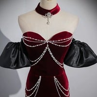  Mermaid Velvet Long Prom Dress, Burgundy Sweetheart Neck Evening Party Dress ,Remove Sleeves Evevning Dress - Thumbnail 3