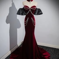  Mermaid Velvet Long Prom Dress, Burgundy Sweetheart Neck Evening Party Dress ,Remove Sleeves Evevning Dress - Thumbnail 5