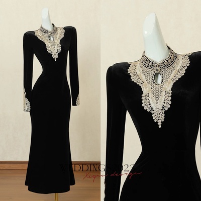 Black Velvet Long Sleeve High Neck Lace Prom Dress