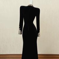 Black Velvet Long Sleeve High Neck Lace Prom Dress - Thumbnail 2