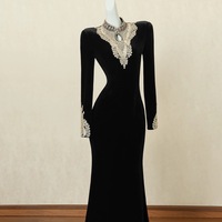 Black Velvet Long Sleeve High Neck Lace Prom Dress - Thumbnail 1