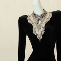 Black Velvet Long Sleeve High Neck Lace Prom Dress - Thumbnail 4