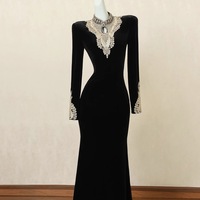 Black Velvet Long Sleeve High Neck Lace Prom Dress - Thumbnail 5