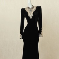 Black Velvet Long Sleeve High Neck Lace Prom Dress - Thumbnail 6